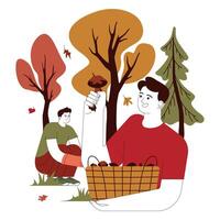 Happy men foraging mushrooms in the autumn forest. Characters spending vector