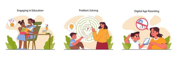 Positive parenting set. Nurturing of your child's responsibility. Kid learning vector