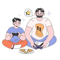 Father and son playing games together. Fatherhood happiness vector