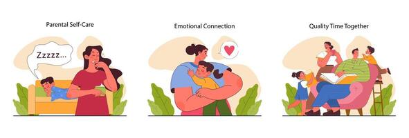 Positive parenting set. Nurturing of your child's responsibility. Kid learning vector