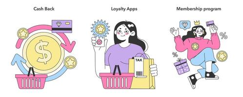 Loyalty program set. Rewards, offers, cashback and card points. vector
