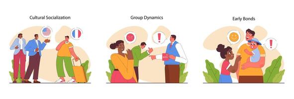 Socialization set. Communication skill development. People interacting, vector