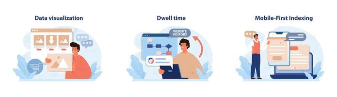 Digital marketing set. Marketing strategy development innovative techniques, vector