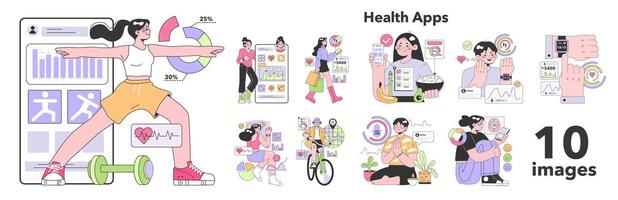 Health applications set. Characters using digital device and gadgets vector