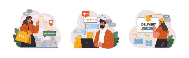 E-commerce set. Online shopping, character purchasing goods on a website vector