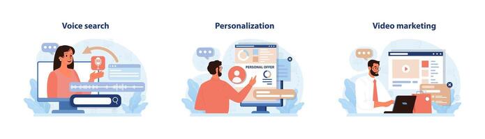 Digital marketing set. Marketing strategy development innovative techniques, vector