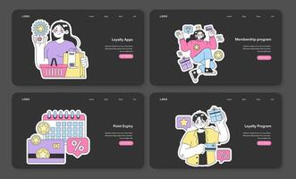 Loyalty program nighmode or darkmode web banner or landing page set. vector