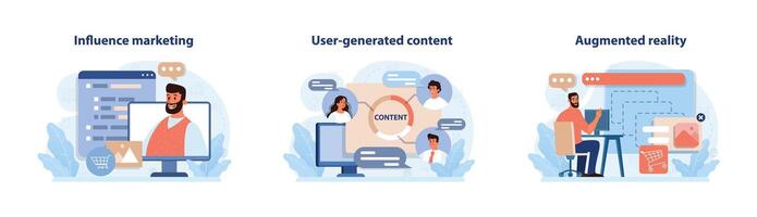 Digital marketing set. Marketing strategy development innovative techniques, vector