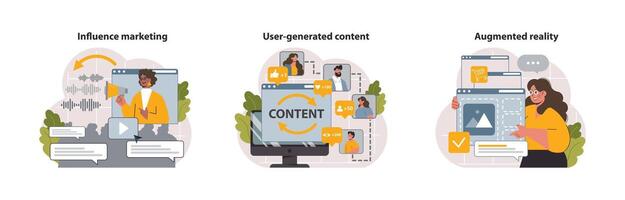 Digital marketing set. Marketing strategy development innovative techniques, vector