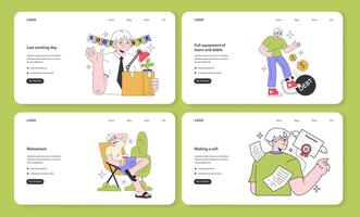 Senior life milestones web banner or landing page set. Getting old and maturing, vector