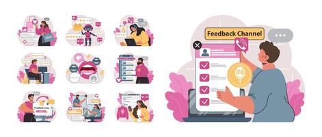 Customer feedback set. Consumer reviews public exchange. Sharing vector