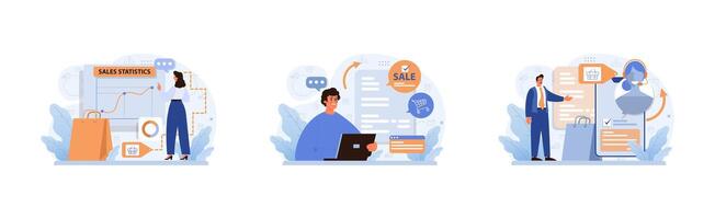 E-commerce set. Online shopping, character purchasing goods on a website vector