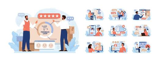 Customer feedback set. Consumer reviews public exchange. Sharing vector