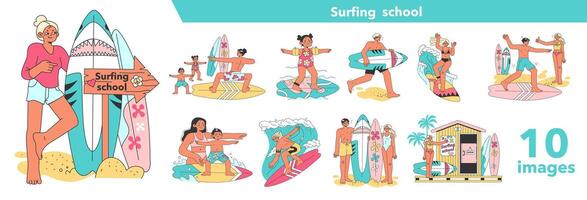 Surfing school set. Characters in a swimsuit spending time on the beach. vector