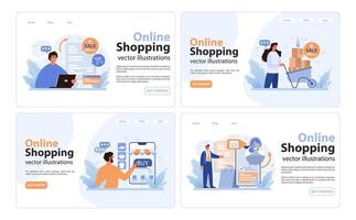 E-commerce web banner or landing page set. Online shopping, character vector
