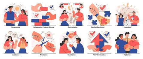 Conflict management set. Character with conflict resolution skill. Person vector