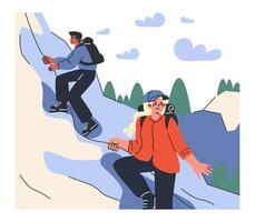 Mountaineering. Mountain climbers with backpacks during nature vector