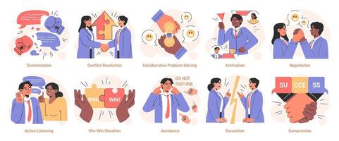 Conflict management set. Character with conflict resolution skill. Person vector