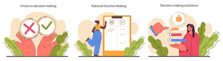Decision-making set. Strategic thinking, brainstorming and solution research. vector