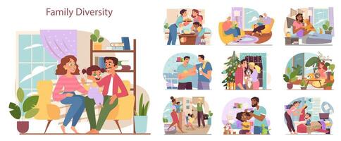 Different diverse family set. Single parents, LGBT partners, single people vector