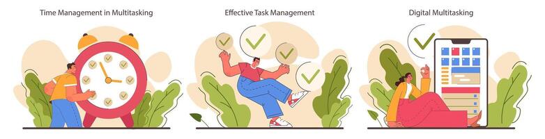 Multitasking set. Effective and competent office worker time vector
