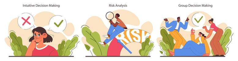 Decision-making set. Strategic thinking, brainstorming and solution research. vector