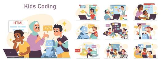 Diverse children programming set. Computer science, AI, game technologies vector