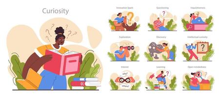 Curiosity set. Inquisitiveness and openness to new ideas and concepts. vector