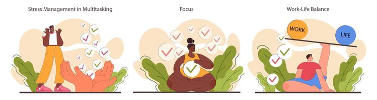 Multitasking set. Effective and competent office worker time vector