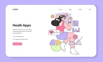 Health tracker smartwatch web banner or landing page. Character vector