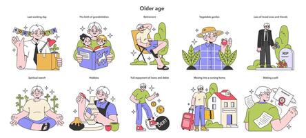 Senior life milestones set. Getting old and maturing, retirement and spending vector