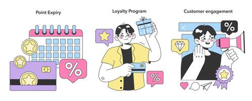 Loyalty program set. Rewards, offers, cashback and card points. vector