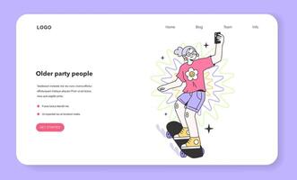 Mature character skating web banner or landing page. Campsite vector