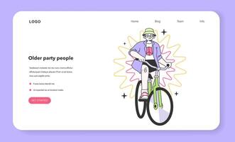 Mature character riding a bicycle web banner or landing page. vector