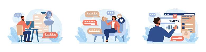 Customer feedback set. Consumer reviews public exchange. Sharing vector