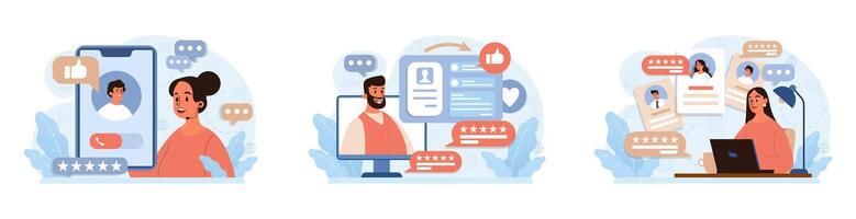 Customer feedback set. Consumer reviews public exchange. Sharing vector