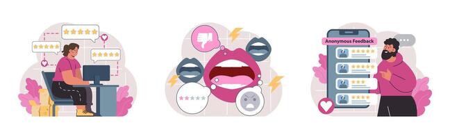 Customer feedback set. Consumer reviews public exchange. Sharing vector
