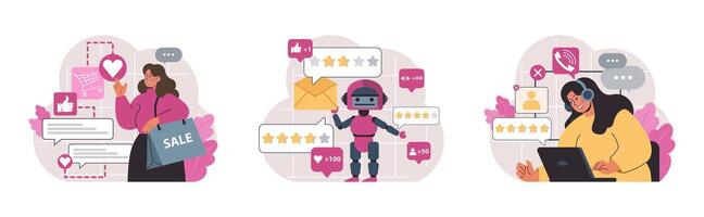 Customer feedback set. Consumer reviews public exchange. Sharing vector