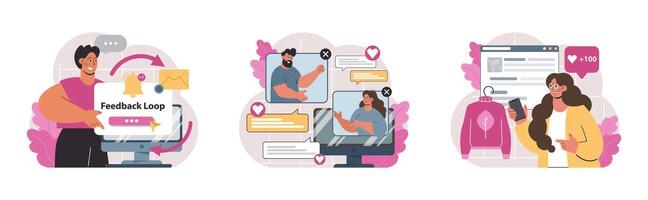 Customer feedback set. Consumer reviews public exchange. Sharing vector