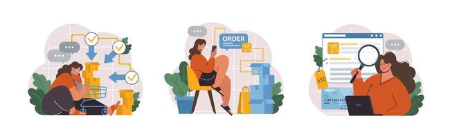 E-commerce set. Online shopping, character purchasing goods on a website vector