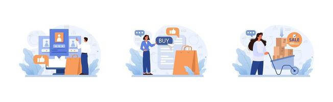 E-commerce set. Online shopping, character purchasing goods on a website vector