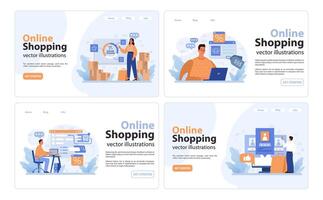 E-commerce web banner or landing page set. Online shopping, character vector