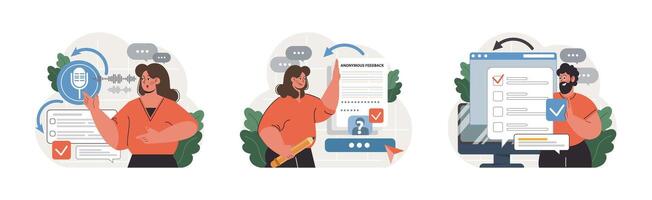 Public opinion polling set. Character participation in an online vector