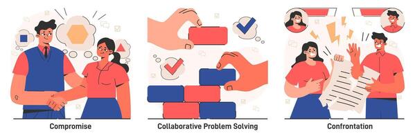Conflict management set. Character with conflict resolution skill. Person vector