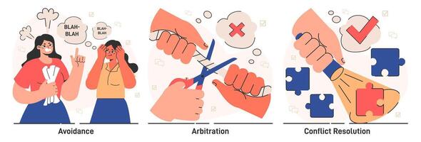 Conflict management set. Character with conflict resolution skill. Person vector