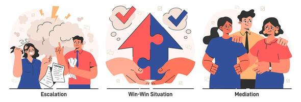 Conflict management set. Character with conflict resolution skill. Person vector