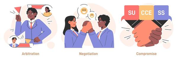 Conflict management set. Character with conflict resolution skill. Person vector