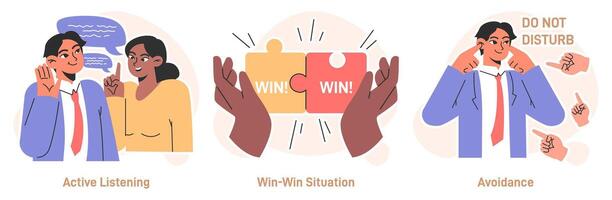 Conflict management set. Character with conflict resolution skill. Person vector