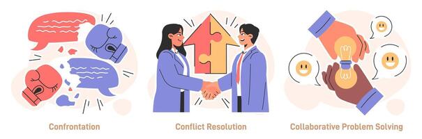 Conflict management set. Character with conflict resolution skill. Person vector