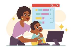 Computer science class for kids. Little black boy programming and coding vector